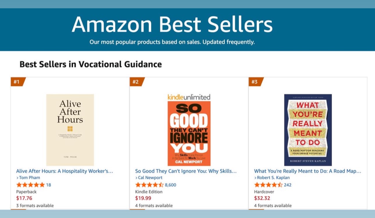 Amazon Best Sellers chart showing Alive After Hours at number one in Vocational Guidance