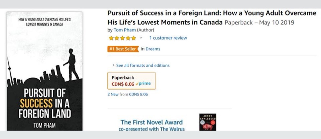 The 2019 Amazon listing for Pursuit of Success in a Foreign Land showing a number one Best Seller badge
